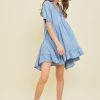 Washed Denim Chambray Mini Dress Flowy A Line