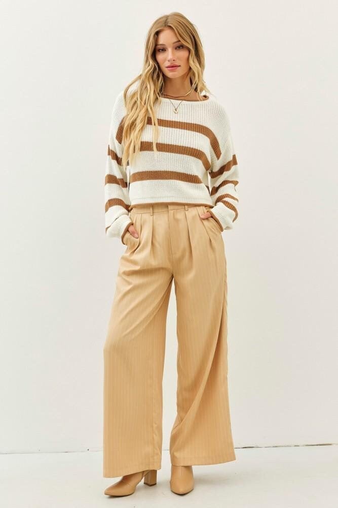 Striped Knit Pullover Oversized Boat Neck Sweater Relaxed